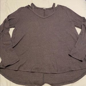 Dark grey women’s waffle knit cold shoulder sweater